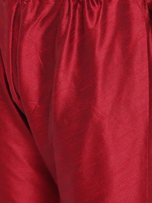 Red_Banarasi_Dupion_Kurta_With_Churidar_And_Waistcoat_Set_For_Men