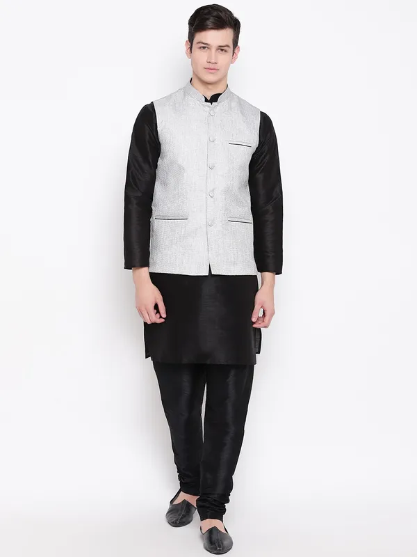 Black_Banarasi_Dupion_Kurta_With_Churidar_And_Jute_Waistcoat_Set_For_Men