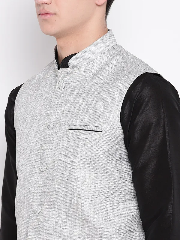 Black_Banarasi_Dupion_Kurta_With_Churidar_And_Jute_Waistcoat_Set_For_Men