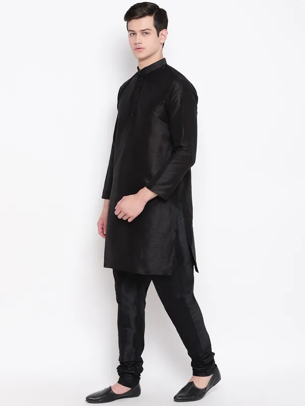Black_Banarasi_Dupion_Kurta_With_Churidar_And_Jute_Waistcoat_Set_For_Men