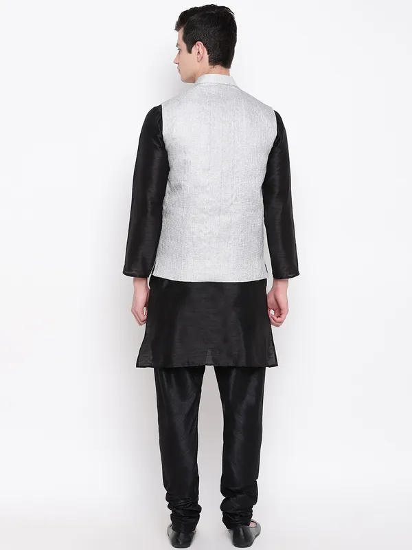 Black_Banarasi_Dupion_Kurta_With_Churidar_And_Jute_Waistcoat_Set_For_Men