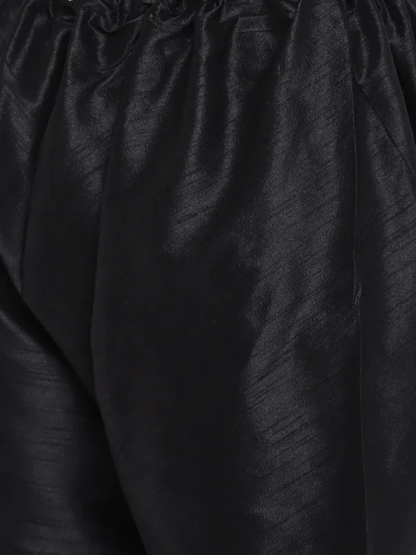 Black_Banarasi_Dupion_Kurta_With_Churidar_And_Jute_Waistcoat_Set_For_Men