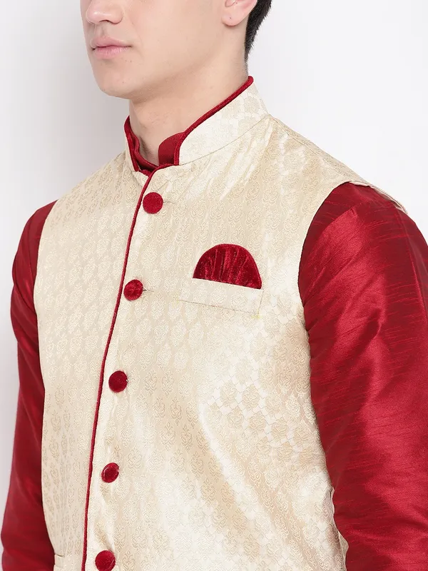 Red_Banarasi_Dupion_Kurta_With_Churidar_And_Waistcoat_Set_For_Men