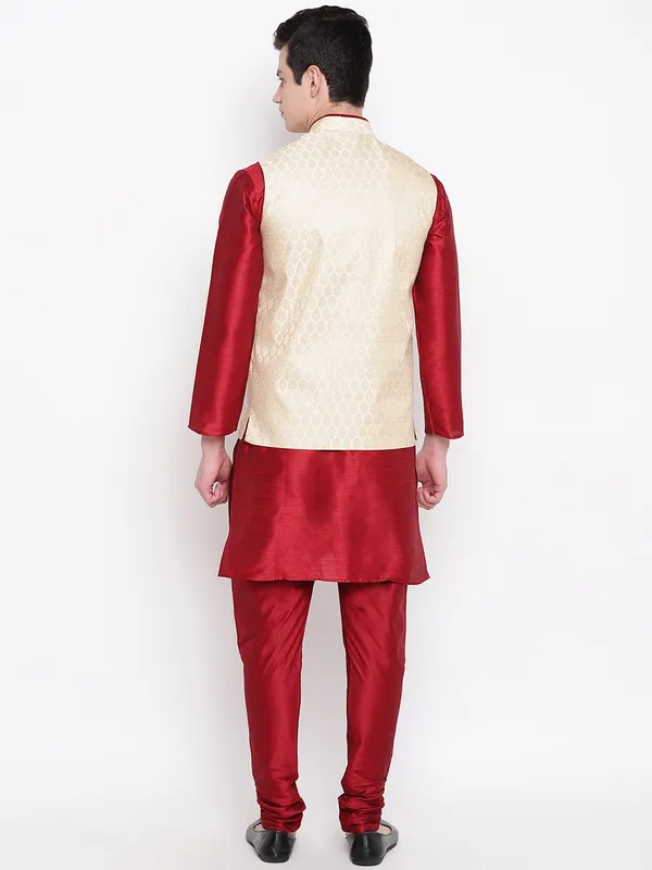 Red_Banarasi_Dupion_Kurta_With_Churidar_And_Waistcoat_Set_For_Men