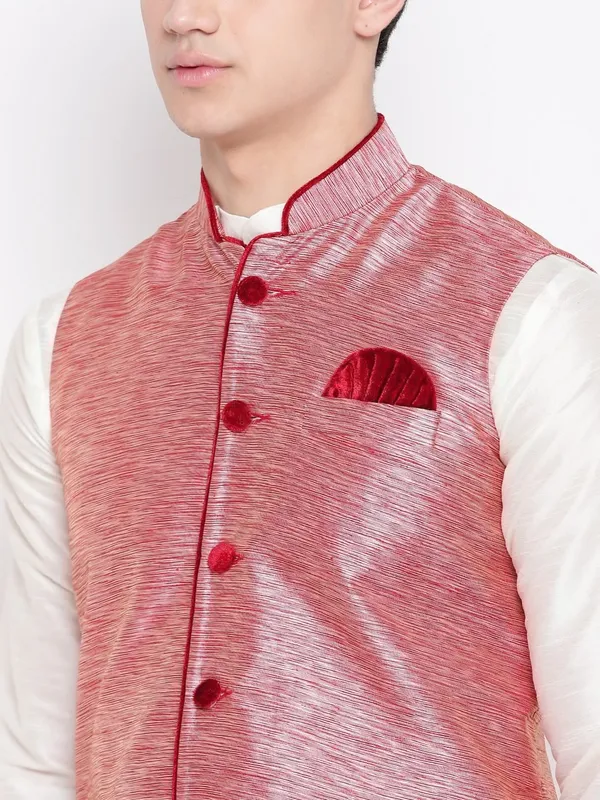 White_Banarasi_Dupion_Kurta_With_Churidar_And_Waistcoat_Set_For_Men