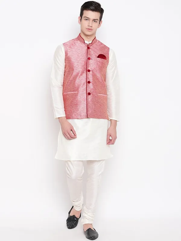 White_Banarasi_Dupion_Kurta_With_Churidar_And_Waistcoat_Set_For_Men