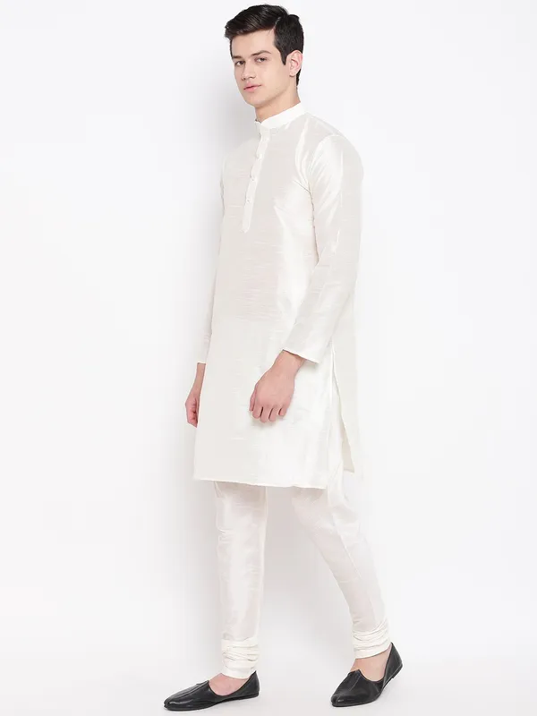 White_Banarasi_Dupion_Kurta_With_Churidar_And_Waistcoat_Set_For_Men