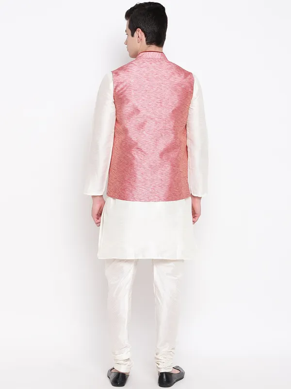 White_Banarasi_Dupion_Kurta_With_Churidar_And_Waistcoat_Set_For_Men