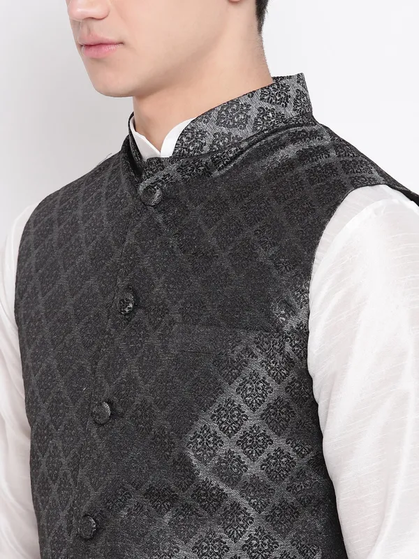 White_Banarasi_Dupion_Kurta_With_Churidar_And_Waistcoat_Set_For_Men