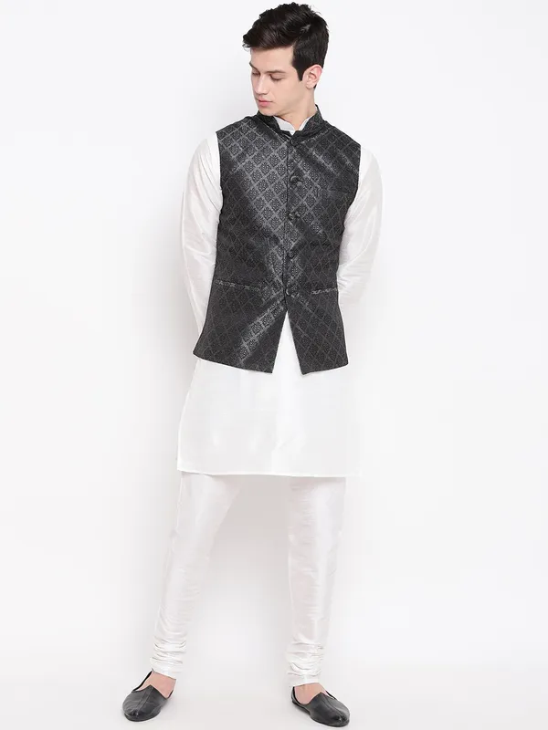 White_Banarasi_Dupion_Kurta_With_Churidar_And_Waistcoat_Set_For_Men