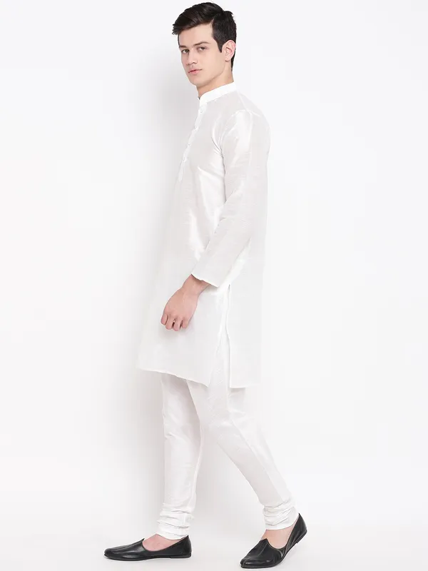 White_Banarasi_Dupion_Kurta_With_Churidar_And_Waistcoat_Set_For_Men