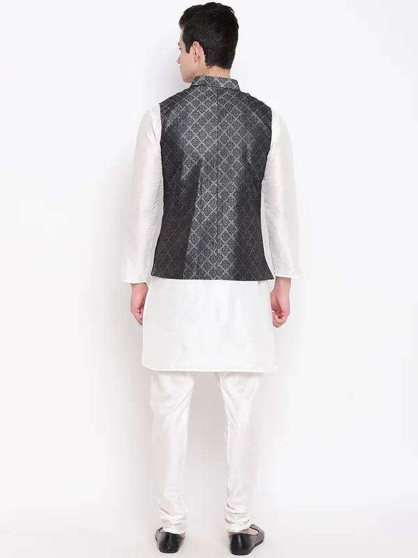 White_Banarasi_Dupion_Kurta_With_Churidar_And_Waistcoat_Set_For_Men