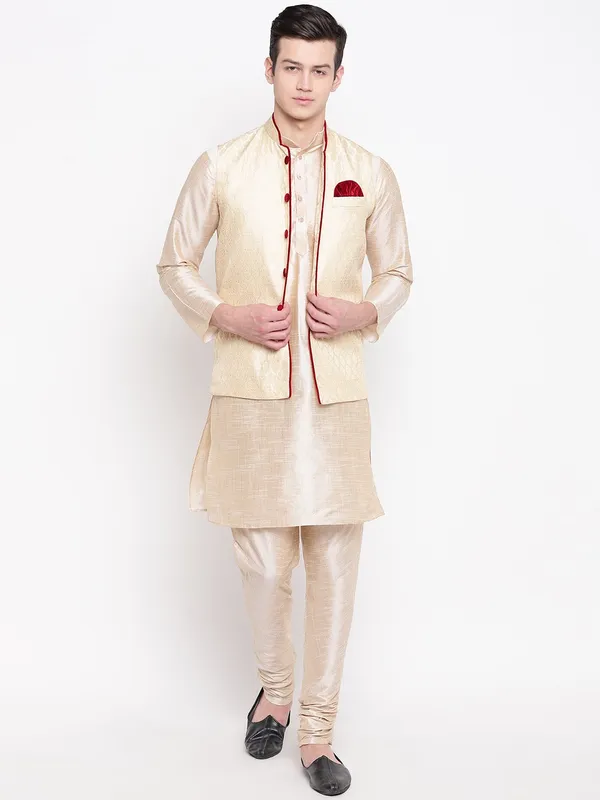 Beige_Double_Tone_Banarasi_Dupion_Kurta_With_Churidar_And_Waistcoat_Set_For_Men