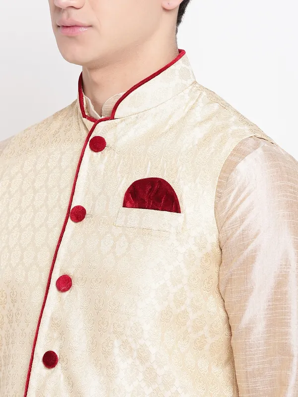 Beige_Double_Tone_Banarasi_Dupion_Kurta_With_Churidar_And_Waistcoat_Set_For_Men