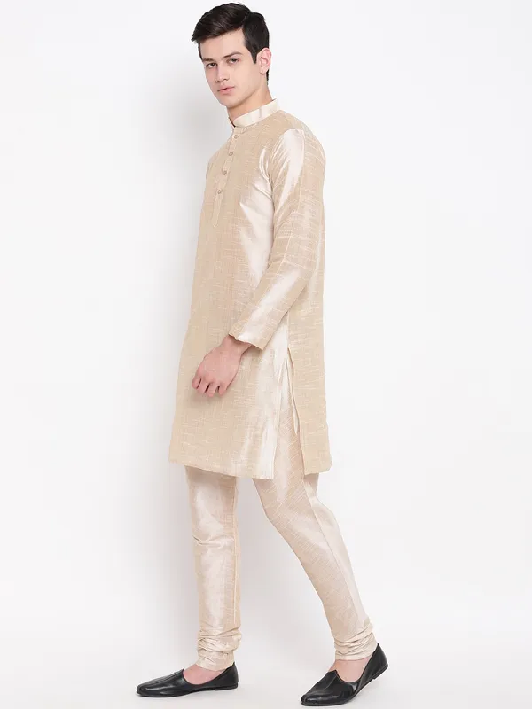 Beige_Double_Tone_Banarasi_Dupion_Kurta_With_Churidar_And_Waistcoat_Set_For_Men