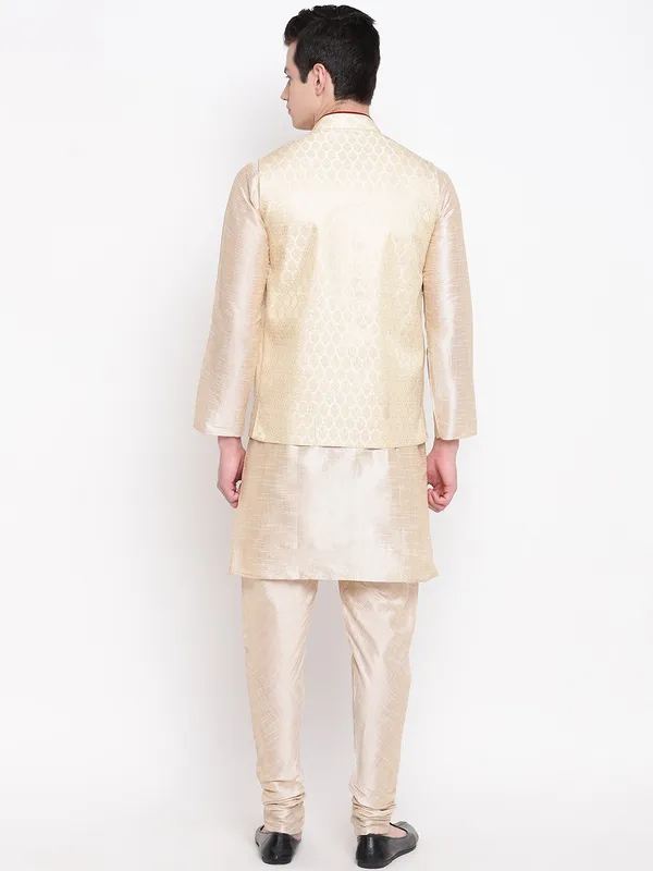 Beige_Double_Tone_Banarasi_Dupion_Kurta_With_Churidar_And_Waistcoat_Set_For_Men