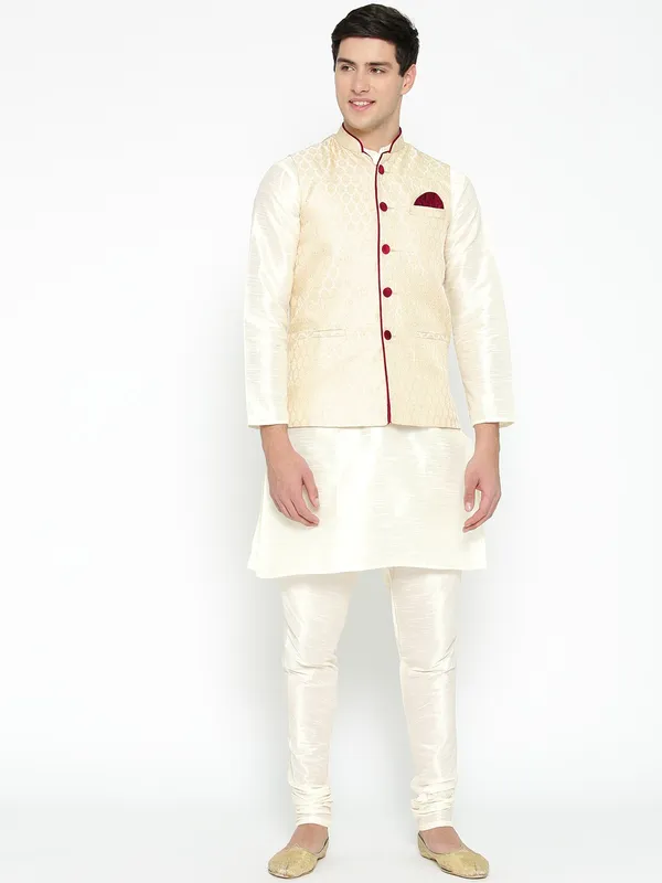 Cream_Banarasi_Dupion_Kurta_With_Churidar_And_Waistcoat_Set_For_Men
