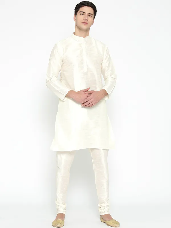 Cream_Banarasi_Dupion_Kurta_With_Churidar_And_Waistcoat_Set_For_Men