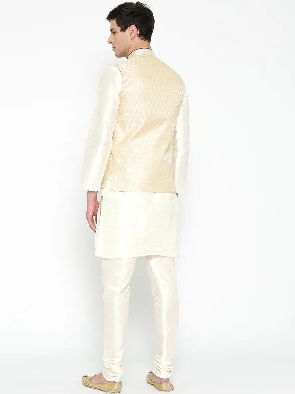 Cream_Banarasi_Dupion_Kurta_With_Churidar_And_Waistcoat_Set_For_Men