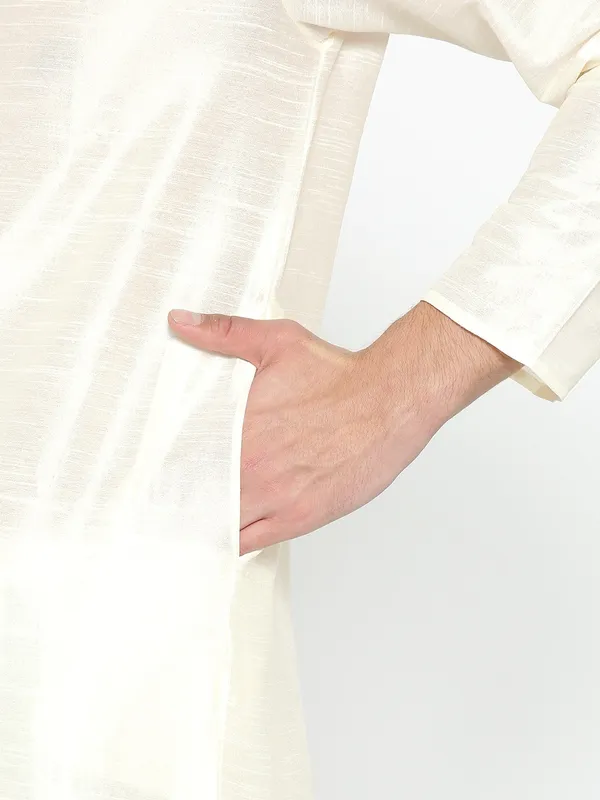 Cream_Banarasi_Dupion_Kurta_With_Churidar_And_Waistcoat_Set_For_Men