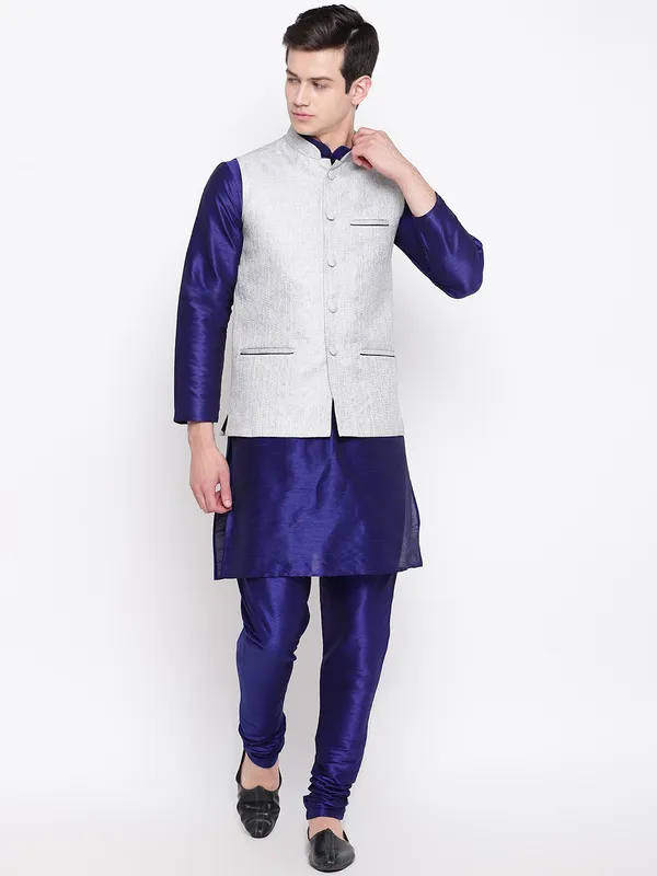 Royal_Blue_Banarasi_Dupion_Kurta_With_Churidar_And_Jute_Waistcoat_Set_For_Men