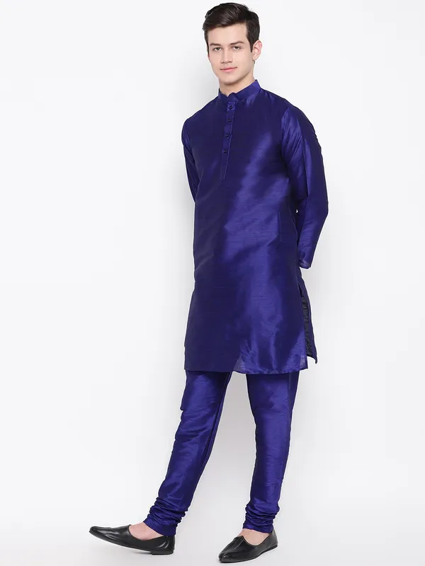 Royal_Blue_Banarasi_Dupion_Kurta_With_Churidar_And_Jute_Waistcoat_Set_For_Men