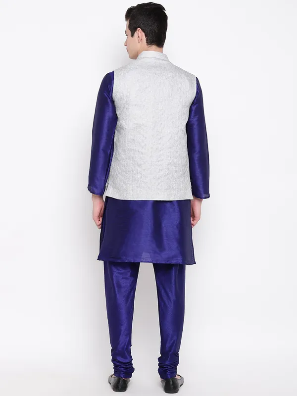 Royal_Blue_Banarasi_Dupion_Kurta_With_Churidar_And_Jute_Waistcoat_Set_For_Men