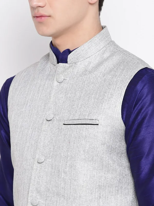 Royal_Blue_Banarasi_Dupion_Kurta_With_Churidar_And_Jute_Waistcoat_Set_For_Men
