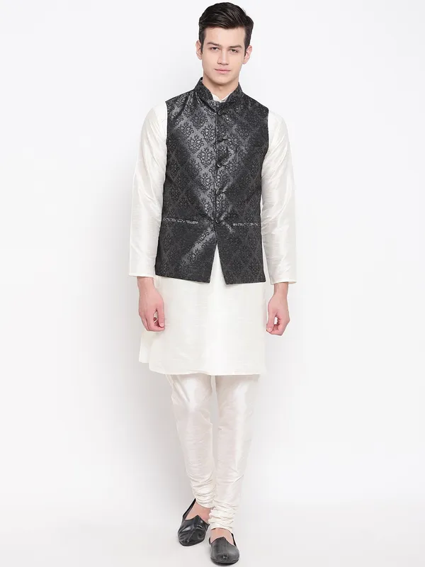 Cream_Banarasi_Dupion_Kurta_With_Churidar_And_Waistcoat_Set_For_Men