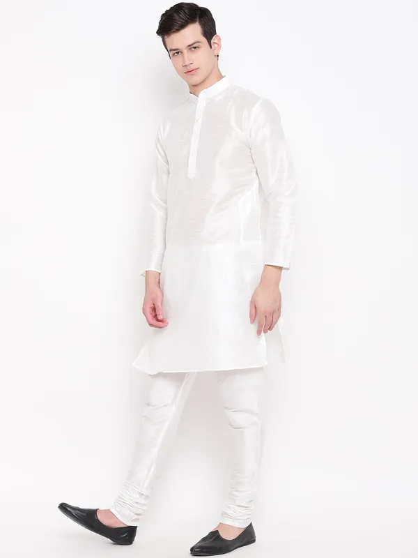 Cream_Banarasi_Dupion_Kurta_With_Churidar_And_Waistcoat_Set_For_Men
