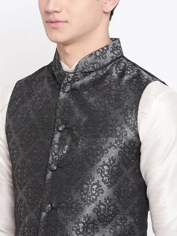 Cream_Banarasi_Dupion_Kurta_With_Churidar_And_Waistcoat_Set_For_Men