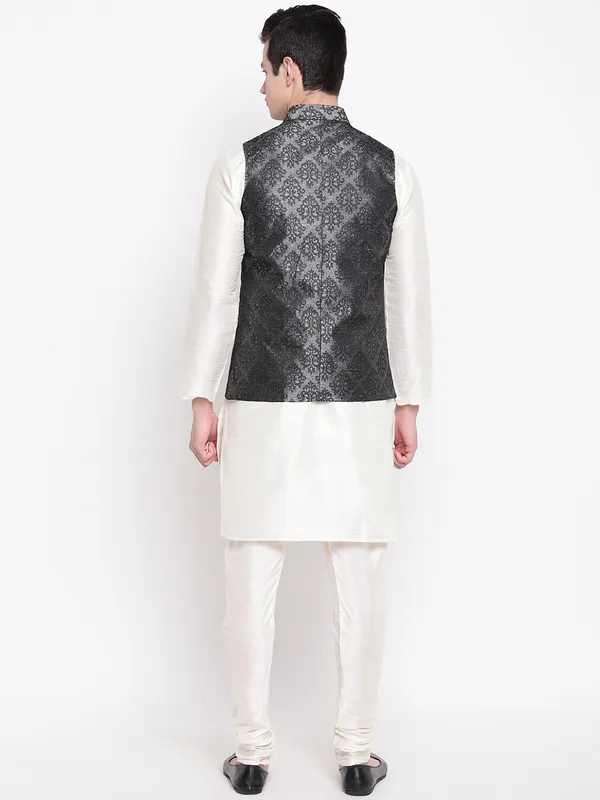 Cream_Banarasi_Dupion_Kurta_With_Churidar_And_Waistcoat_Set_For_Men