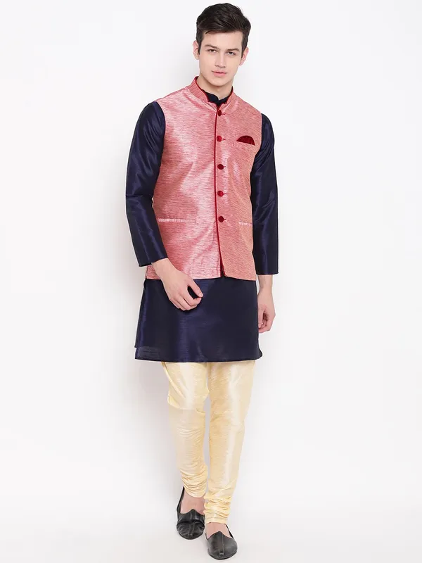 Navy_Blue_Banarasi_Dupion_Kurta_Gold_Churidar_With_Waistcoat_Set_For_Men