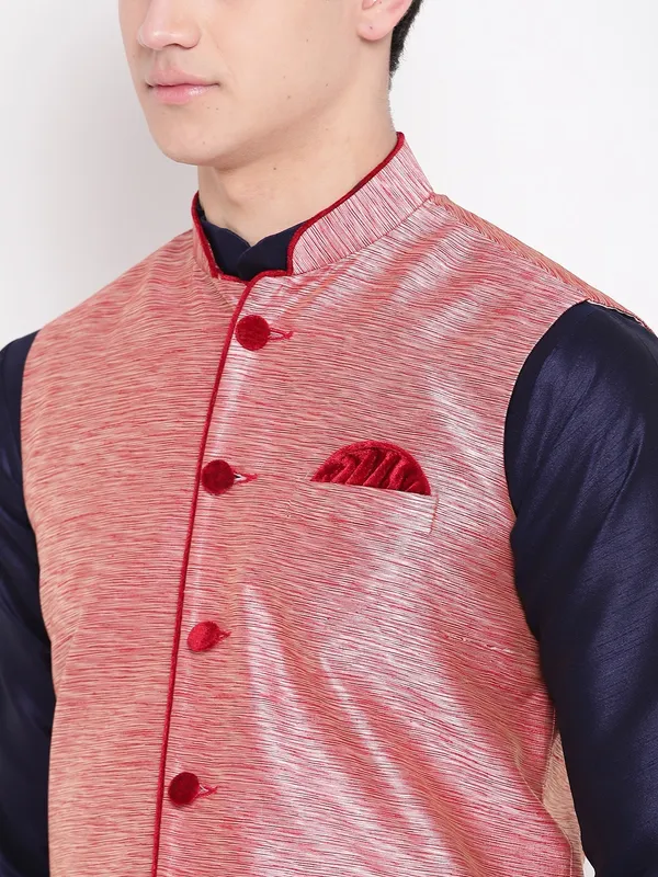 Navy_Blue_Banarasi_Dupion_Kurta_Gold_Churidar_With_Waistcoat_Set_For_Men