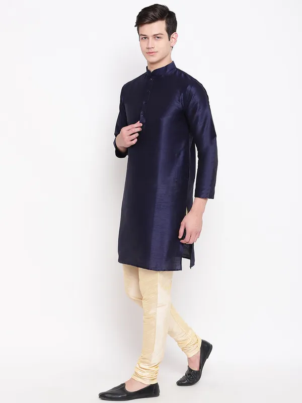 Navy_Blue_Banarasi_Dupion_Kurta_Gold_Churidar_With_Waistcoat_Set_For_Men