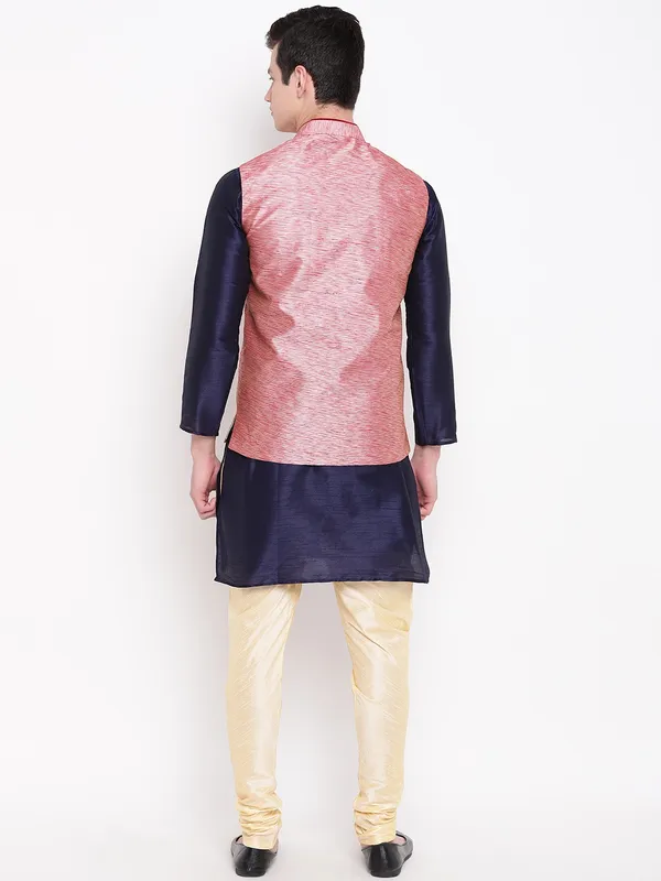 Navy_Blue_Banarasi_Dupion_Kurta_Gold_Churidar_With_Waistcoat_Set_For_Men