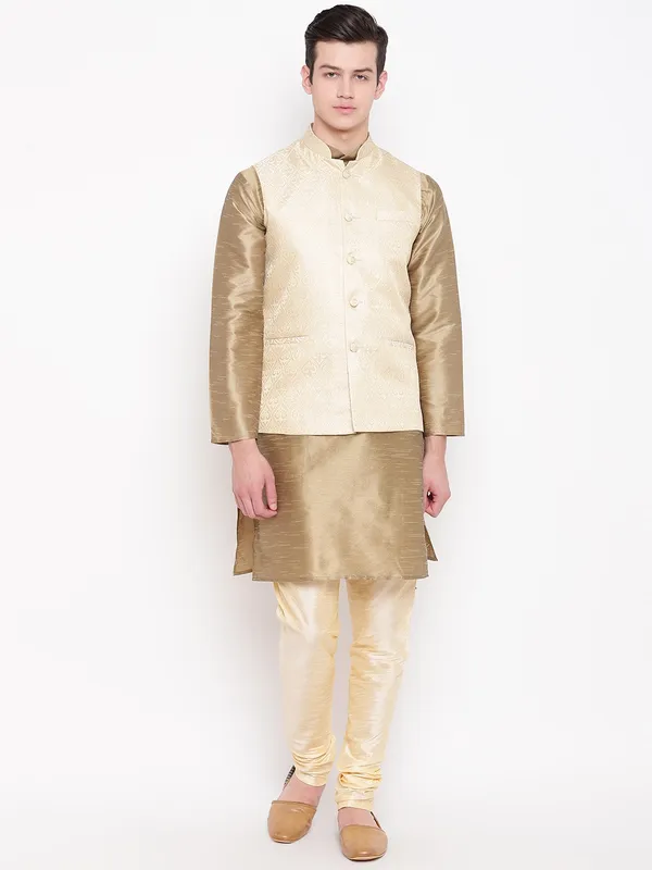 Bronze_Banarasi_Dupion_Kurta_Gold_Churidar_With_Waistcoat_Set_For_Men