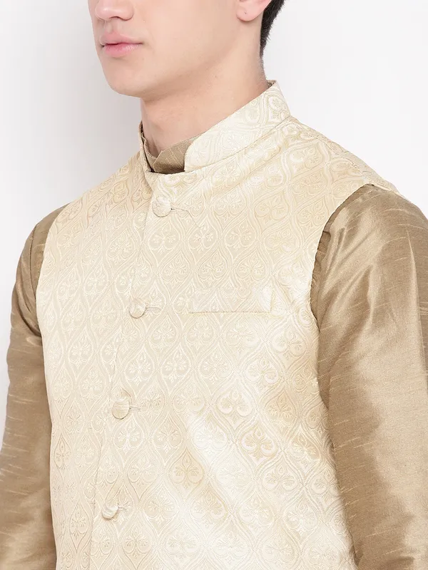 Bronze_Banarasi_Dupion_Kurta_Gold_Churidar_With_Waistcoat_Set_For_Men