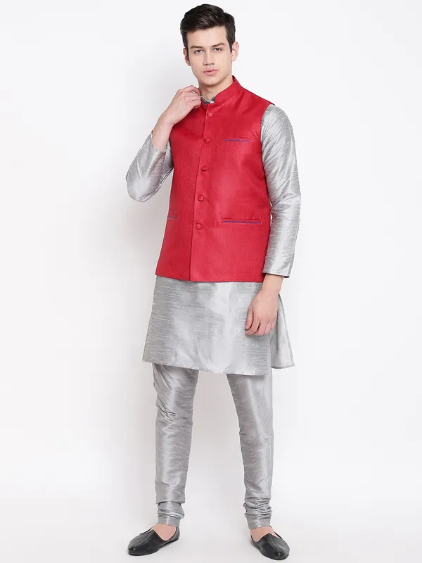 Silver_Banarasi_Dupion_Kurta_With_Churidar_And_Jute_Waistcoat_Set_For_Men