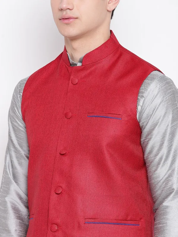 Silver_Banarasi_Dupion_Kurta_With_Churidar_And_Jute_Waistcoat_Set_For_Men