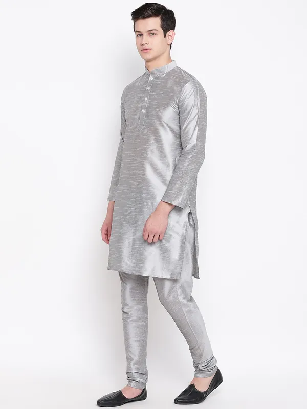 Silver_Banarasi_Dupion_Kurta_With_Churidar_And_Jute_Waistcoat_Set_For_Men