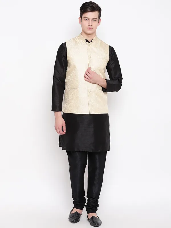 Black_Banarasi_Dupion_Kurta_With_Churidar_And_New_Waistcoat_Set_For_Men