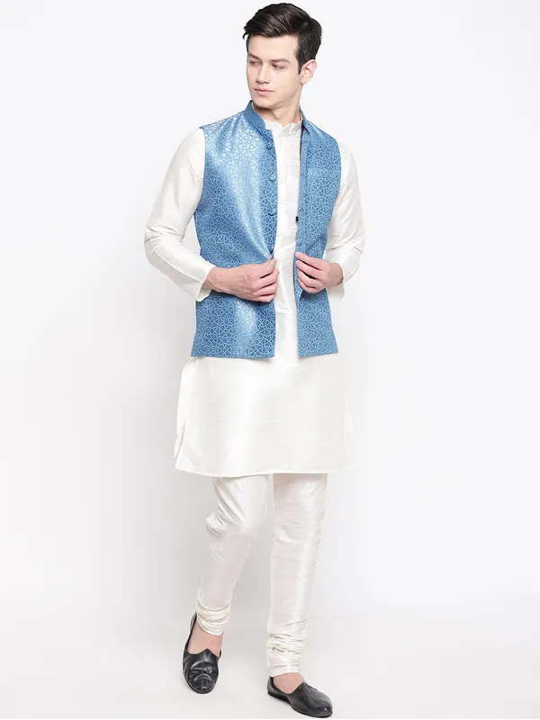 White_Banarasi_Dupion_Kurta_With_Churidar_And_Waistcoat_Set_For_Men