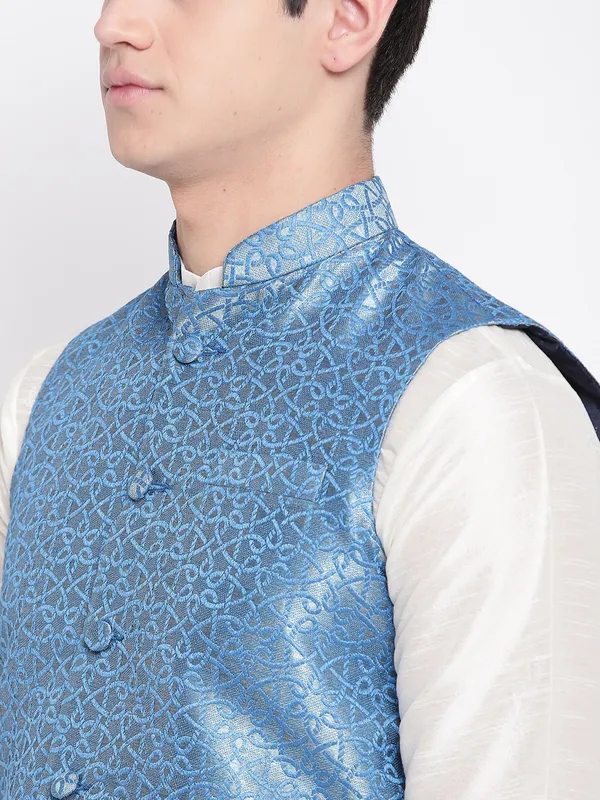 White_Banarasi_Dupion_Kurta_With_Churidar_And_Waistcoat_Set_For_Men