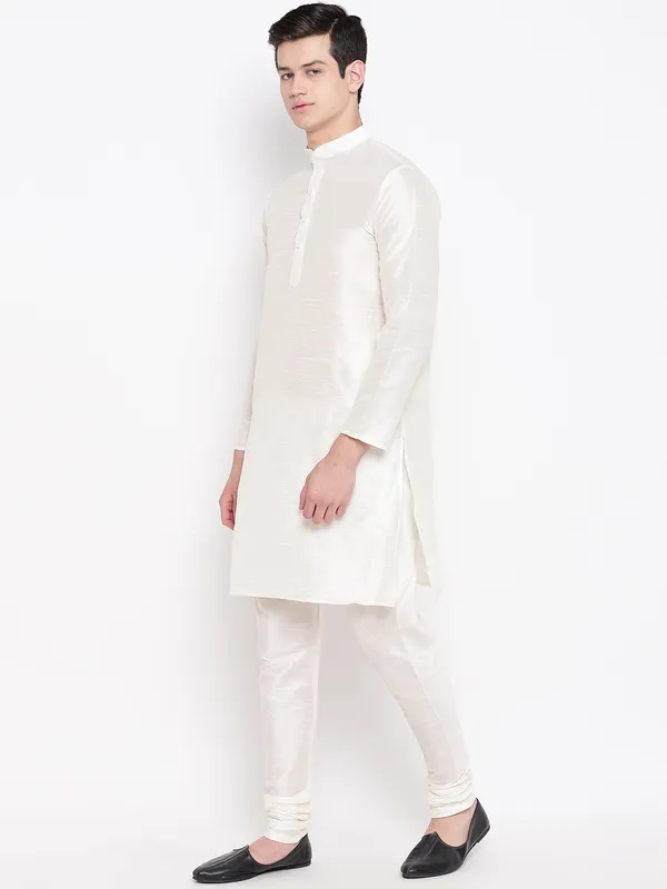 White_Banarasi_Dupion_Kurta_With_Churidar_And_Waistcoat_Set_For_Men