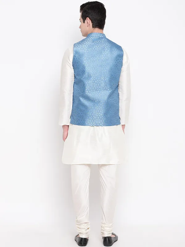 White_Banarasi_Dupion_Kurta_With_Churidar_And_Waistcoat_Set_For_Men