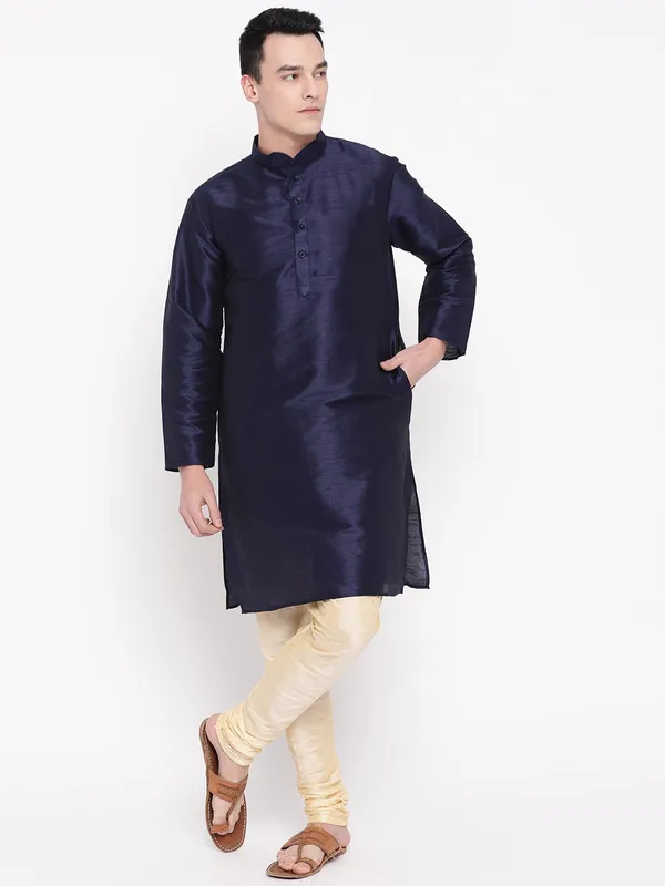 Navy_Blue_Banarasi_Dupion_Kurta_with_Churidar_And_Waistcoat_Set_For_Men