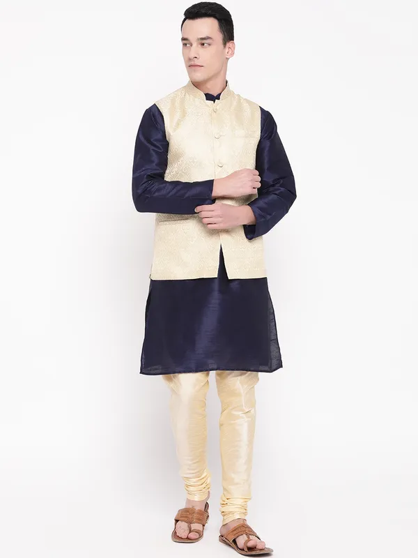 Navy_Blue_Banarasi_Dupion_Kurta_with_Churidar_And_Waistcoat_Set_For_Men