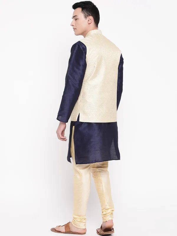 Navy_Blue_Banarasi_Dupion_Kurta_with_Churidar_And_Waistcoat_Set_For_Men
