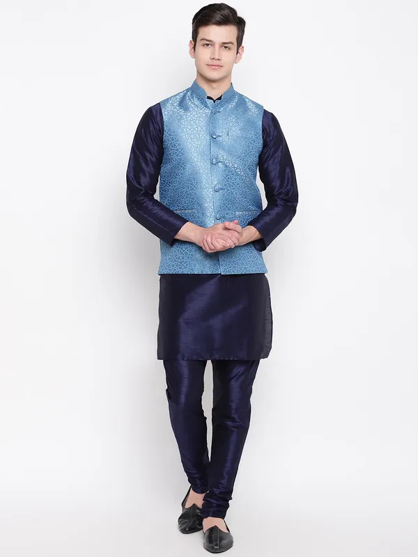 Navy_Blue_Banarasi_Dupion_Kurta_with_Churidar_And_Waistcoat_Set_For_Men